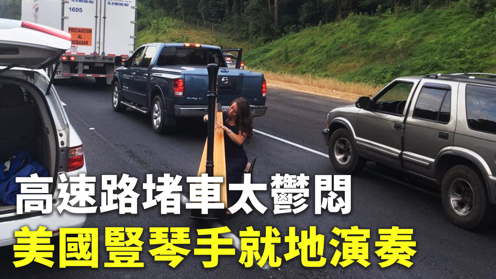 高速路堵車太鬱悶 美國豎琴手就地演奏