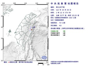 花蓮壽豐02:12規模4地震 最大震度3級