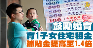 鼓勵婚育 育1子女住宅租金補貼金提高至1.4倍