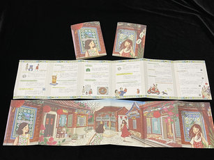 文化部駐日台灣文化中心今年選擇以台灣傳統花磚為主題，由查理小姐繪製文宣品，內容充滿濃濃的台灣傳統文化氣息。摺頁還可當成書衣。（圖／中央社）