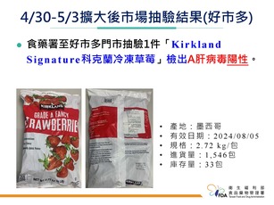 好市多再檢出A型肝炎病毒陽性之產品為「科克蘭冷凍草莓」（食藥署提供）