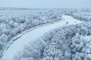 2024年2月4日，中國西北部甘肅省酒泉市白雪覆蓋的樹木和結冰湖泊的鳥瞰圖。(STR:AFP via Getty Images)