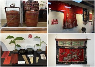 彰化市立圖書館籌辦「雙喜臨門台灣喜壽古文物展-郭双富收藏展」，展出有關台灣傳統婚禮及祝壽慶典相關的古文物。（新唐人 葉錫鴻拍攝）